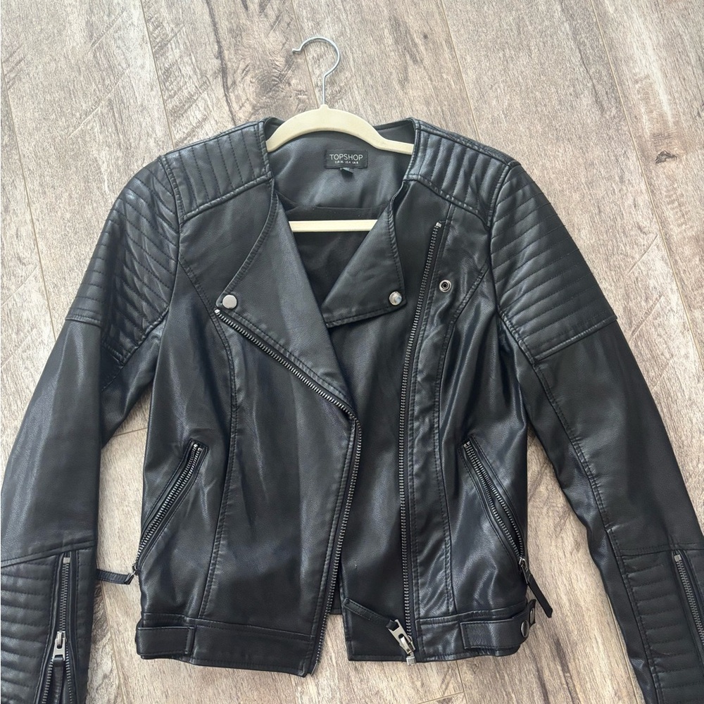 Topshop Black Leather Moto Jacket with Quilted Details